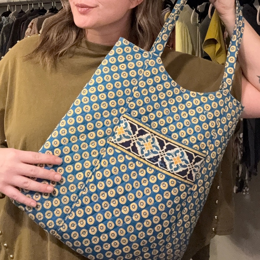 Floral Patterned Blue and Yellow Tote Bag
